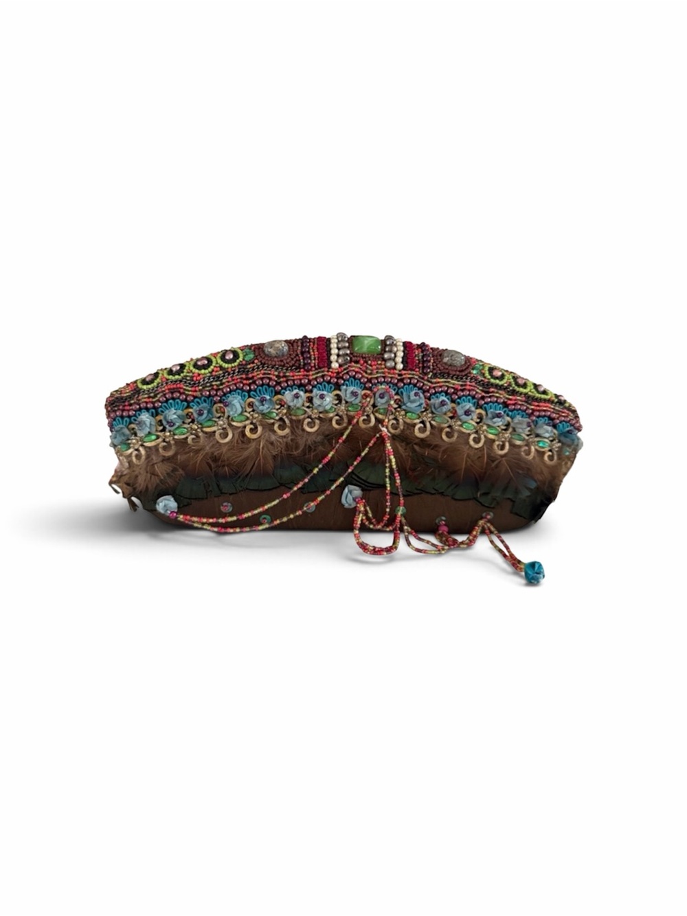 Mary Frances Chocolate Feathered Beaded Evening Shoulder Bag